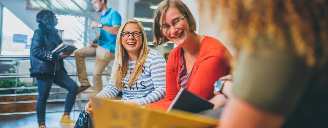 Studenten overleggen in het studielandschap. 